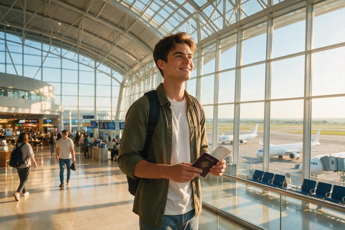 Traveller at the airport with passport and boarding pass